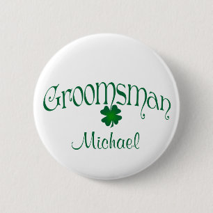Emerald Green, White Shamrock Groomsman Button