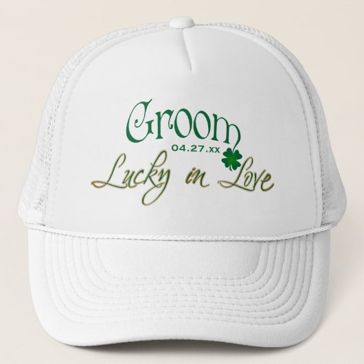 Emerald Green, White Shamrock Lucky in Love Bride Trucker Pet (Voorkant)