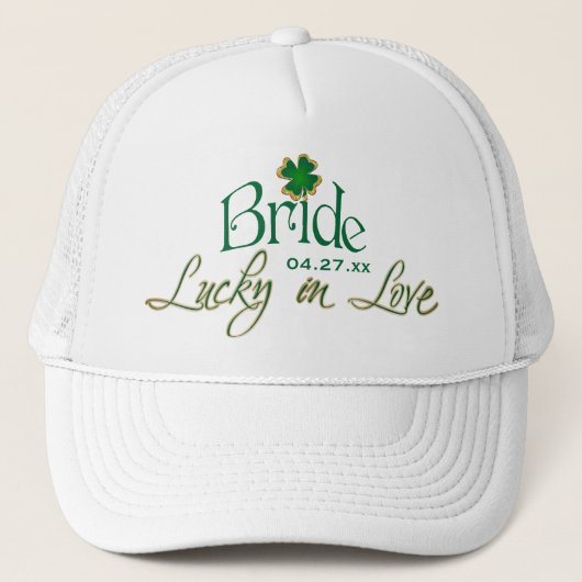 Emerald Green, White Shamrock Lucky in Love Bride Trucker Pet (Voorkant)