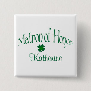 Emerald Green, White Shamrock Matron of Honor Pin Vierkante Button 5,1 Cm