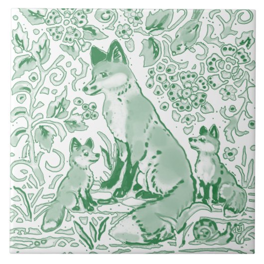 Emerald Green White Woodland Cute Fox Intricate Tegeltje (Voorkant)