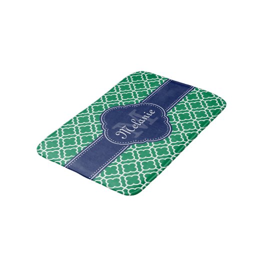 Emerald Green Wht Moroccan Pattern Navy Monogram Badmat (Gekanteld)