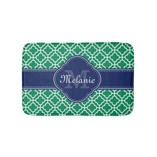 Emerald Green Wht Moroccan Pattern Navy Monogram Badmat (Voorkant)