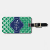 Emerald Green Wht Moroccan Pattern Navy Monogram Bagagelabel (Voorkant horizontaal)