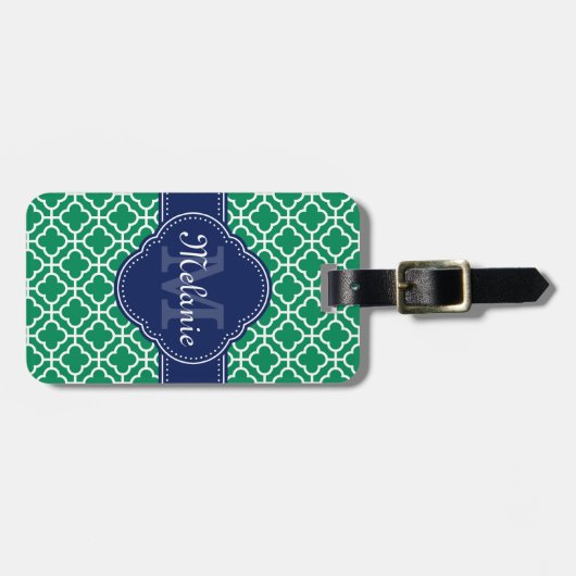 Emerald Green Wht Moroccan Pattern Navy Monogram Bagagelabel (Voorkant horizontaal)