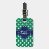 Emerald Green Wht Moroccan Pattern Navy Monogram Bagagelabel (Voorkant verticaal)