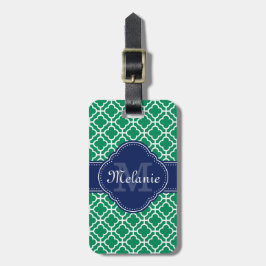 Emerald Green Wht Moroccan Pattern Navy Monogram Bagagelabel