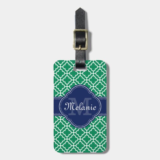 Emerald Green Wht Moroccan Pattern Navy Monogram Bagagelabel (Voorkant verticaal)