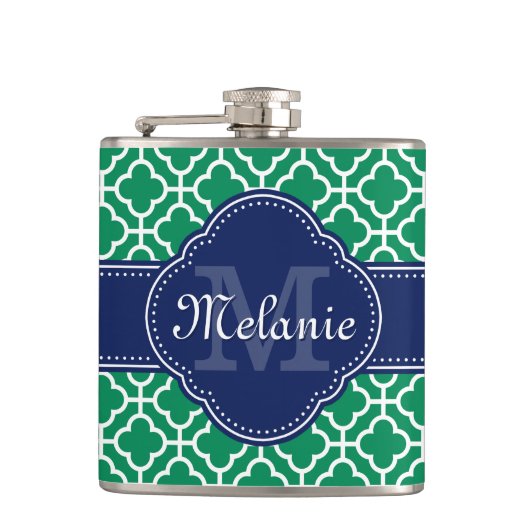 Emerald Green Wht Moroccan Pattern Navy Monogram Heupfles (Voorkant)