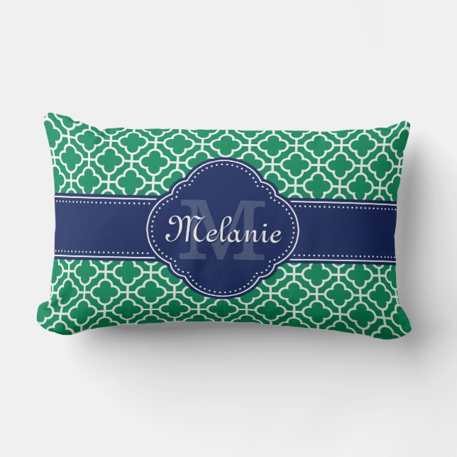 Emerald Green Wht Moroccan Pattern Navy Monogram Kussen (Voorkant)