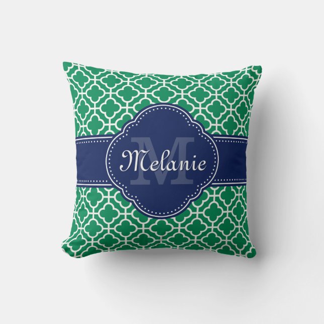 Emerald Green Wht Moroccan Pattern Navy Monogram Kussen (Voorkant)