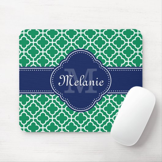 Emerald Green Wht Moroccan Pattern Navy Monogram Muismat (Met muis)