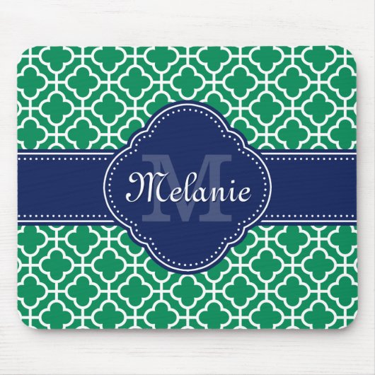 Emerald Green Wht Moroccan Pattern Navy Monogram Muismat (Voorkant)