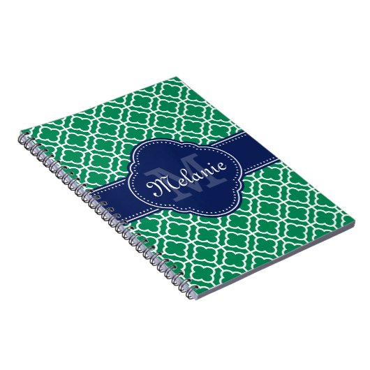 Emerald Green Wht Moroccan Pattern Navy Monogram Notitieboek (Rechterzijde)