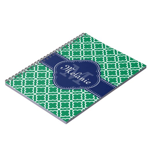 Emerald Green Wht Moroccan Pattern Navy Monogram Notitieboek (Linkerzijde)