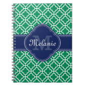 Emerald Green Wht Moroccan Pattern Navy Monogram Notitieboek (Voorkant)