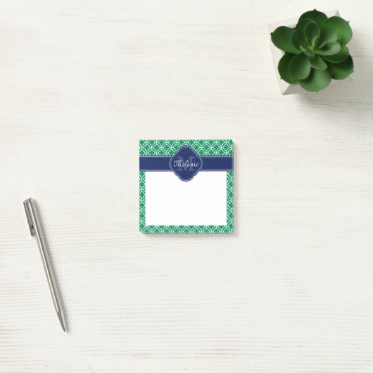 Emerald Green Wht Moroccan Pattern Navy Monogram Post-it® Notes (Kantoor)