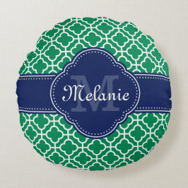 Emerald Green Wht Moroccan Pattern Navy Monogram Rond Kussen