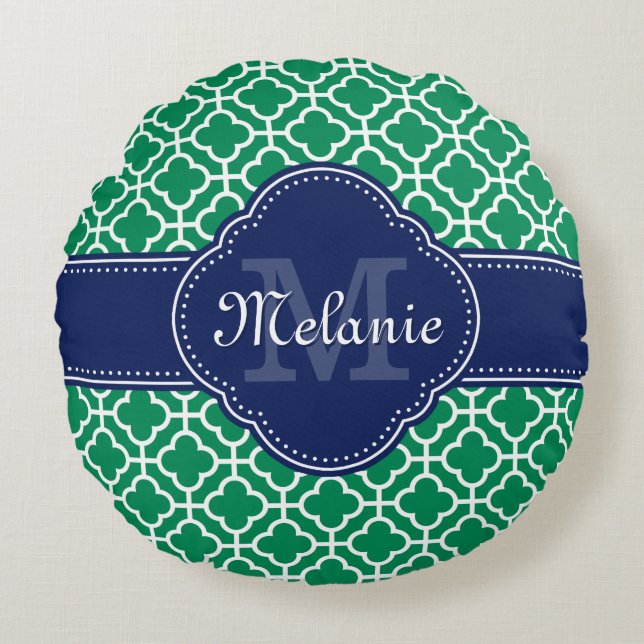 Emerald Green Wht Moroccan Pattern Navy Monogram Rond Kussen (Voorkant)