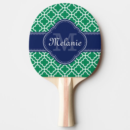 Emerald Green Wht Moroccan Pattern Navy Monogram Tafeltennisbatje (Voorkant)