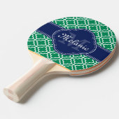 Emerald Green Wht Moroccan Pattern Navy Monogram Tafeltennisbatje (Voorkant Gekanteld)