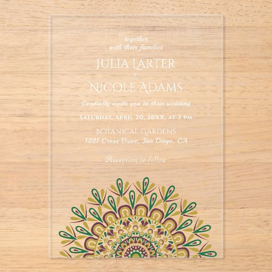 Emerald Green Wild Amazonewoud Mandala bruiloft Acryl Uitnodigingen (Voorkant)