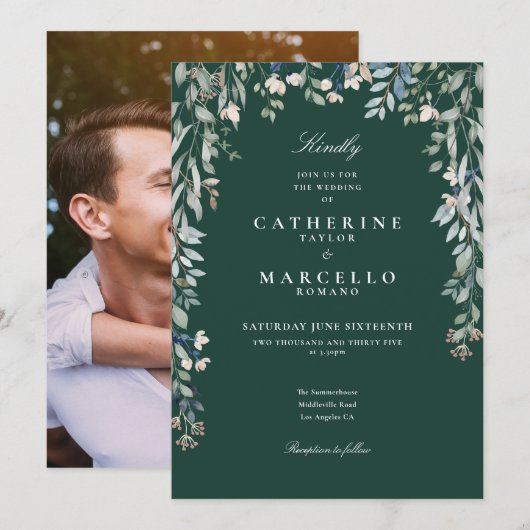 Emerald Green Wildbloemen Floral Photo Wedding Kaart (Voorkant / Achterkant)