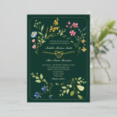 Emerald Green Wildflower Wedding Folie Uitnodiging (Staand Voorkant)