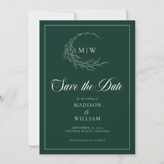 Emerald Green Wispy Crest Monogram Sla de datum op Save The Date (Voorkant)