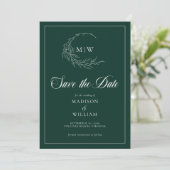 Emerald Green Wispy Crest Monogram Sla de datum op Save The Date (Staand voorkant)