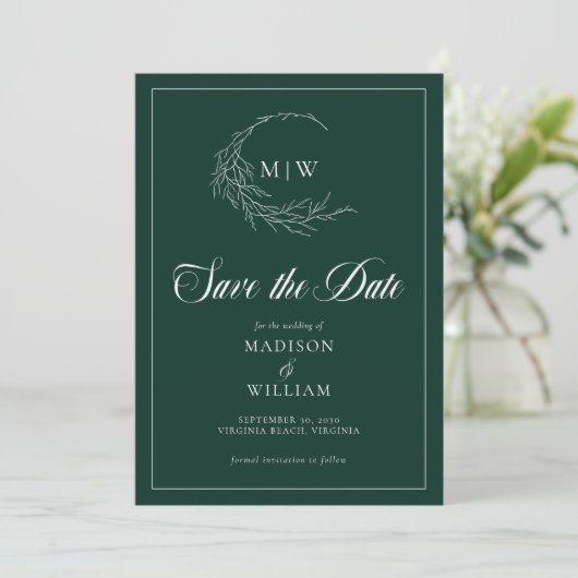 Emerald Green Wispy Crest Monogram Sla de datum op Save The Date (Staand voorkant)