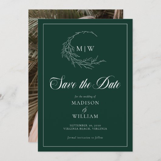 Emerald Green Wispy Crest Monogram Sla de datum op Save The Date (Voorkant / Achterkant)