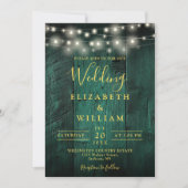 Emerald Green Wood String Lights QR Code Wedding Kaart (Voorkant)