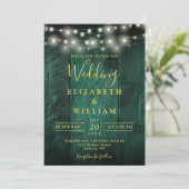 Emerald Green Wood String Lights QR Code Wedding Kaart (Staand voorkant)