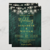 Emerald Green Wood String Lights QR Code Wedding Kaart (Voorkant / Achterkant)