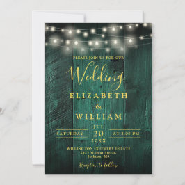 Emerald Green Wood String Lights QR Code Wedding Kaart