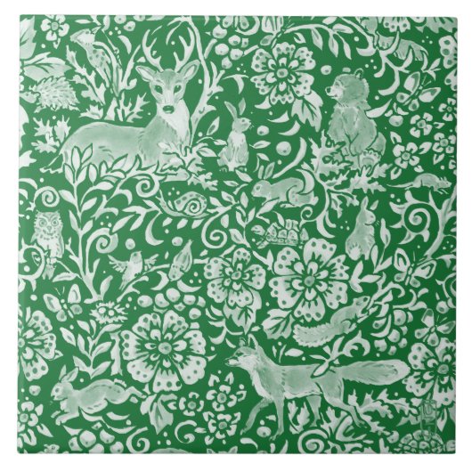 Emerald Green Woodland Animal Deer Rabbit Floral Tegeltje (Voorkant)