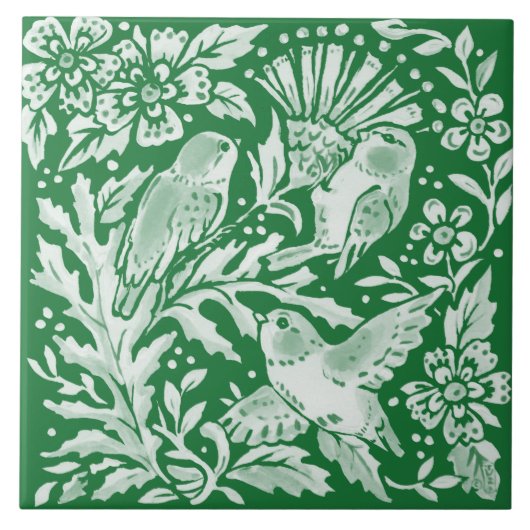 Emerald Green Woodland Bird Intricate Floral Art Tegeltje (Voorkant)