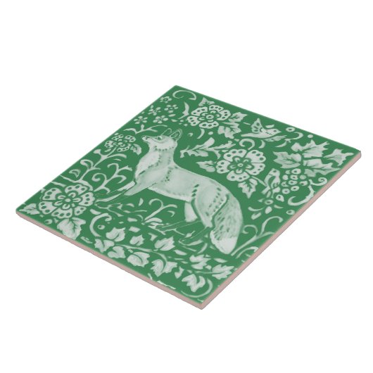 Emerald Green Woodland Cute Fox Intricate Floral Tegeltje (Zijkant)