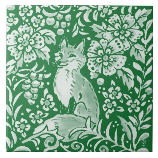 Emerald Green Woodland Cute Fox Intricate Floral Tegeltje (Voorkant)