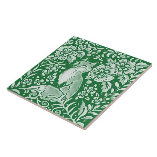 Emerald Green Woodland Cute Fox Intricate Floral Tegeltje (Zijkant)