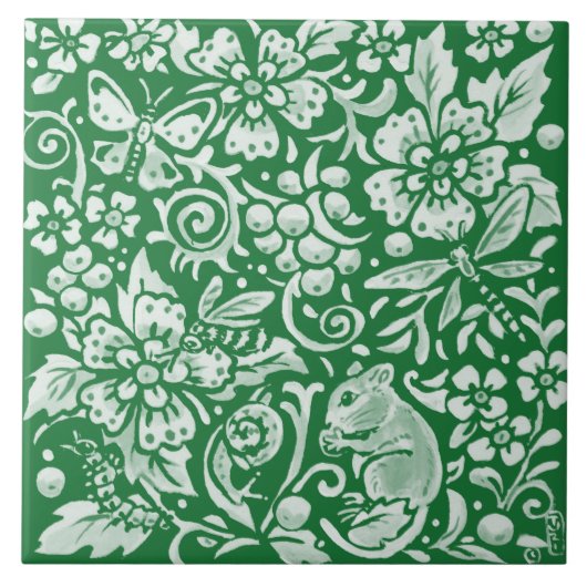 Emerald Green Woodland Garden Mouse Insect Floral Tegeltje (Voorkant)