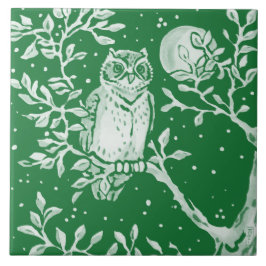 Emerald Green Woodland Owl Tree Moon Night Scene Tegeltje