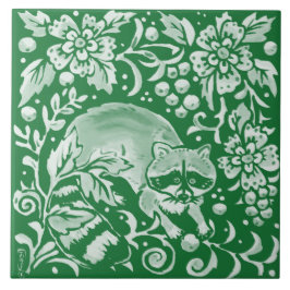 Emerald Green Woodland Raccoon Intricate Floral Tegeltje