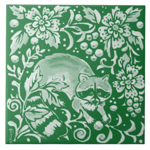 Emerald Green Woodland Raccoon Intricate Floral  Tegeltje