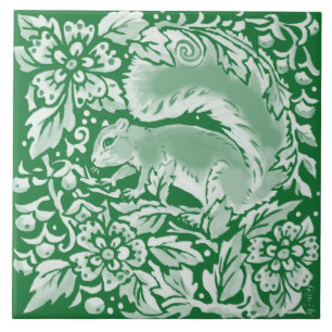 Emerald Green Woodland Squirrel Intricate Floral Tegeltje