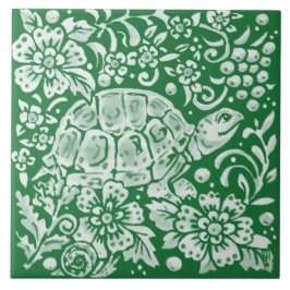 Emerald Green Woodland Turtle Intricate Floral Tegeltje