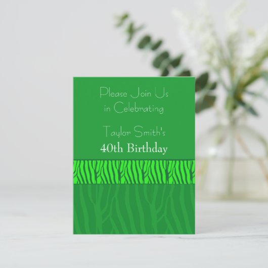 Emerald Green Zebra Pattern Birthday Invitation Kaart (Staand voorkant)