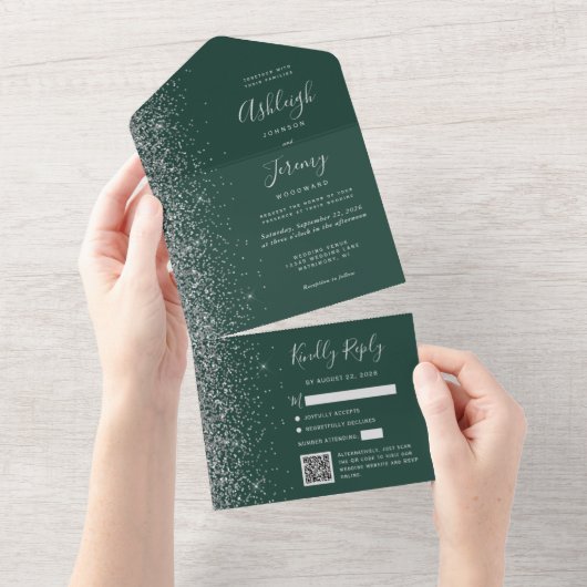 Emerald Green Zilver Glitter QR Code Wedding All In One Uitnodiging (Afscheurbaar)