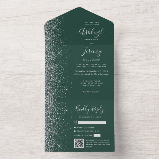 Emerald Green Zilver Glitter QR Code Wedding All In One Uitnodiging (Binnen)